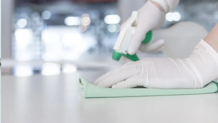 Wiping a stainless surface with Perasan sanitizer and a green cloth